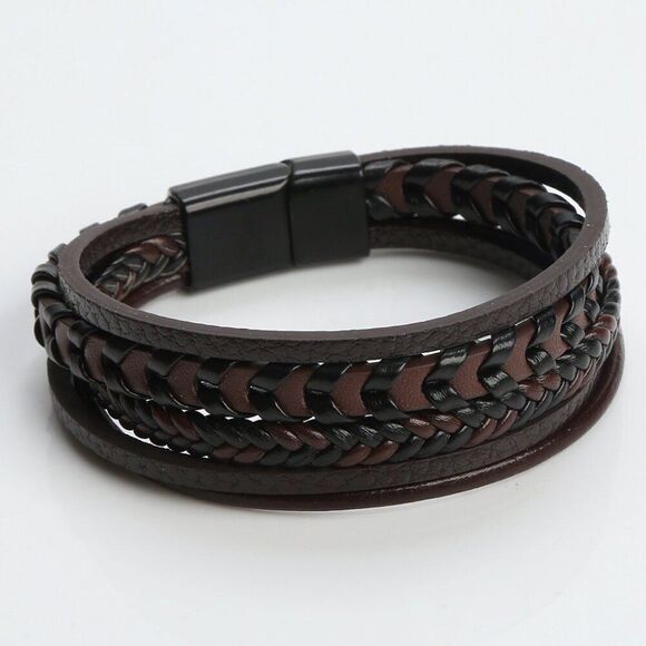 Leather Braided Men Bracelet Navy Blue - Picture 10 of 13